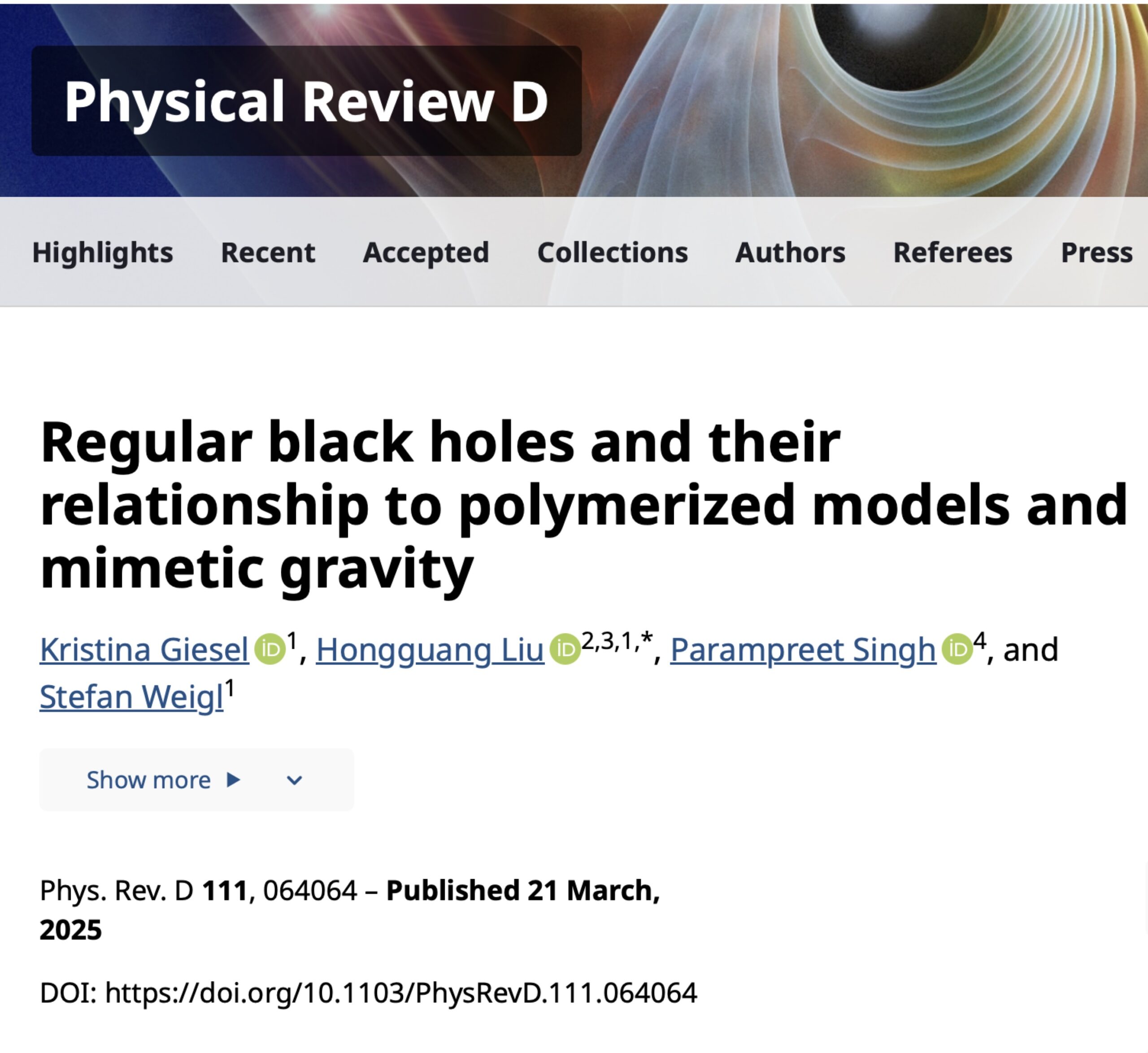Paper on regular black holes accepted in Physical Review D